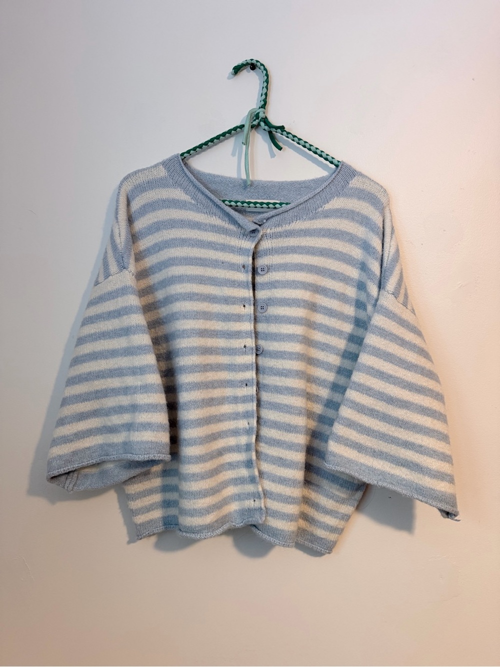 Striped Blue and Cream Button-Front Women's Sweater
